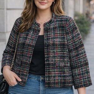 Talbots Wool Tweed Boxy Round Collar Jacket Multicolored Size 14 Classic
